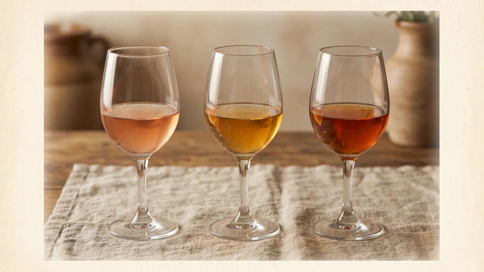 Three glasses showing the skin-contact spectrum: pale copper, golden amber, deep orange