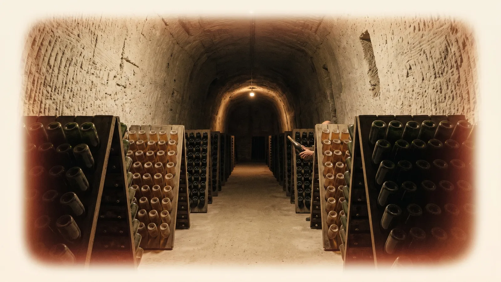 Champagne crayères — chalk cellars beneath Reims with bottles ageing on riddling racks