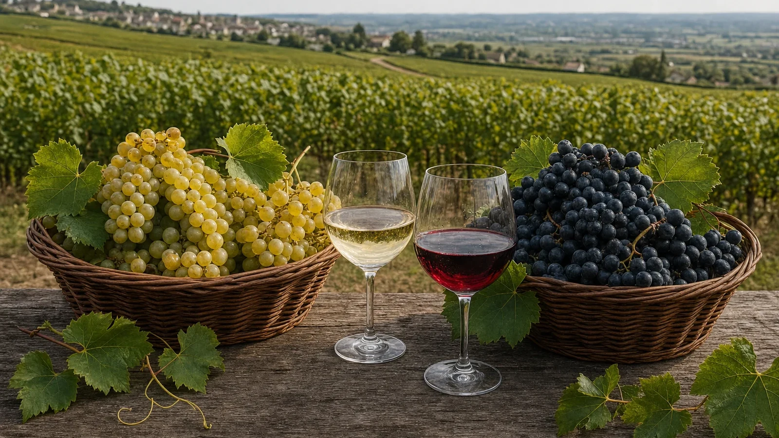 Chardonnay and Pinot Noir grapes with white and red wine from the same Burgundian season
